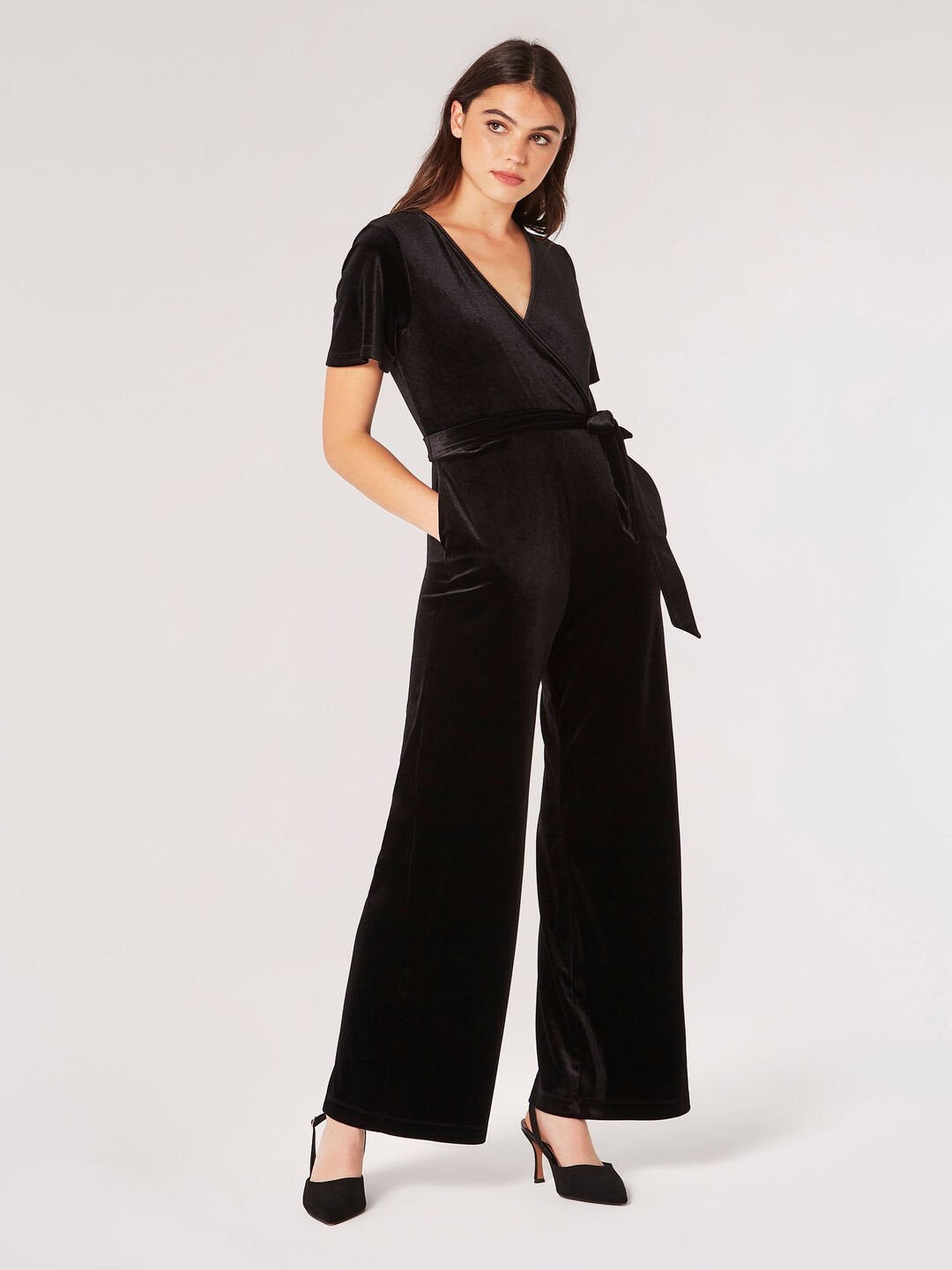 Angel Sleeve Velvet Wrap Jumpsuit Black