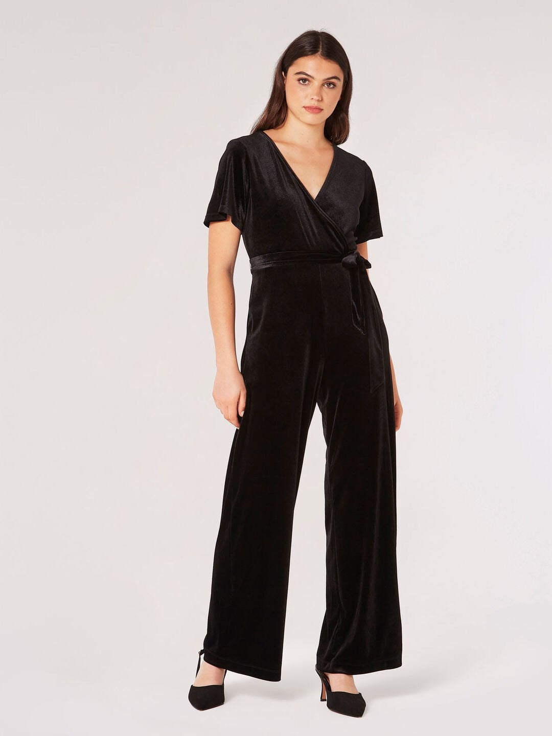 Angel Sleeve Velvet Wrap Jumpsuit Black